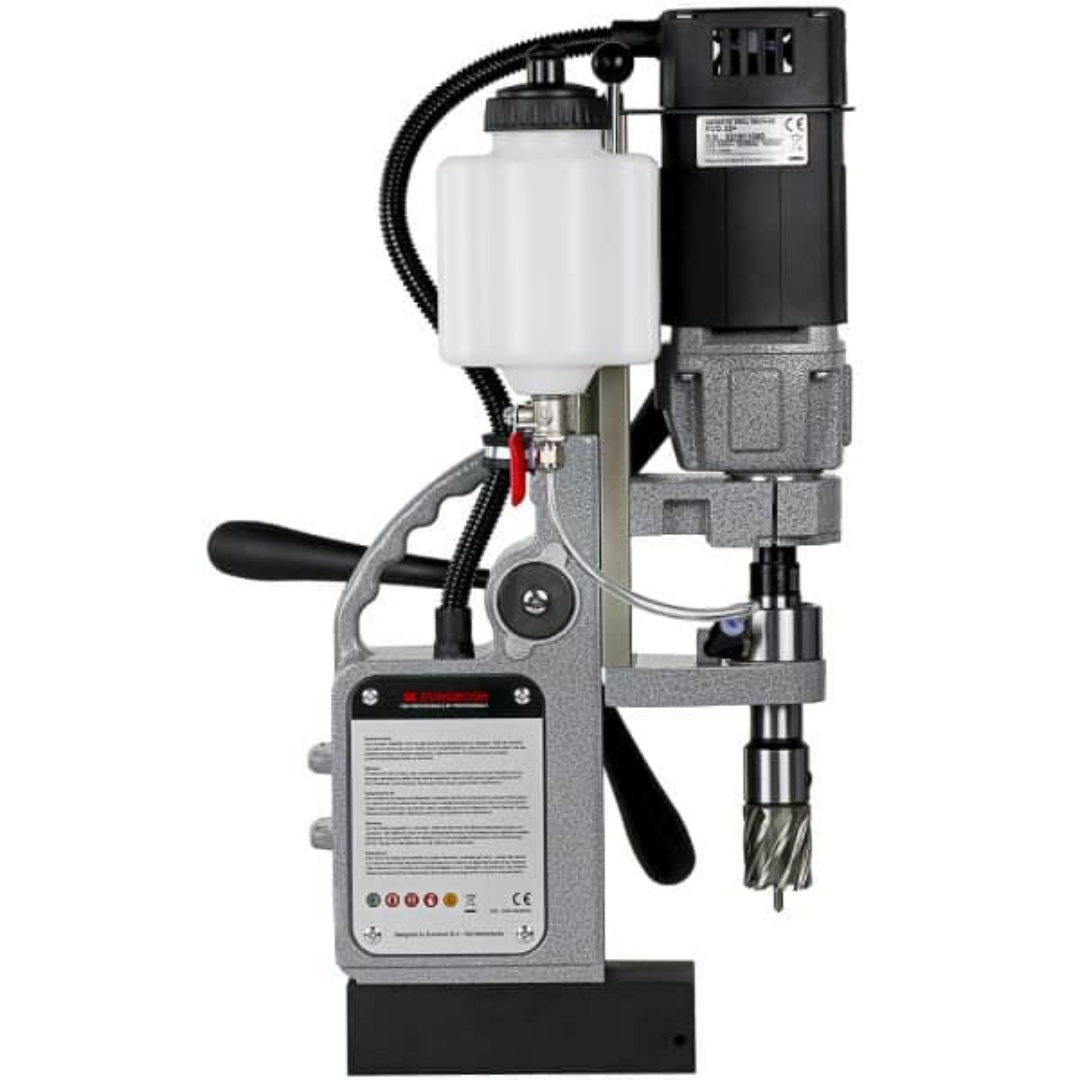 Side angle of Euroboor ECO.32+ Magnetic Drilling Machine highlighting compact vertical design, gear housing, and reinforced magnetic base.