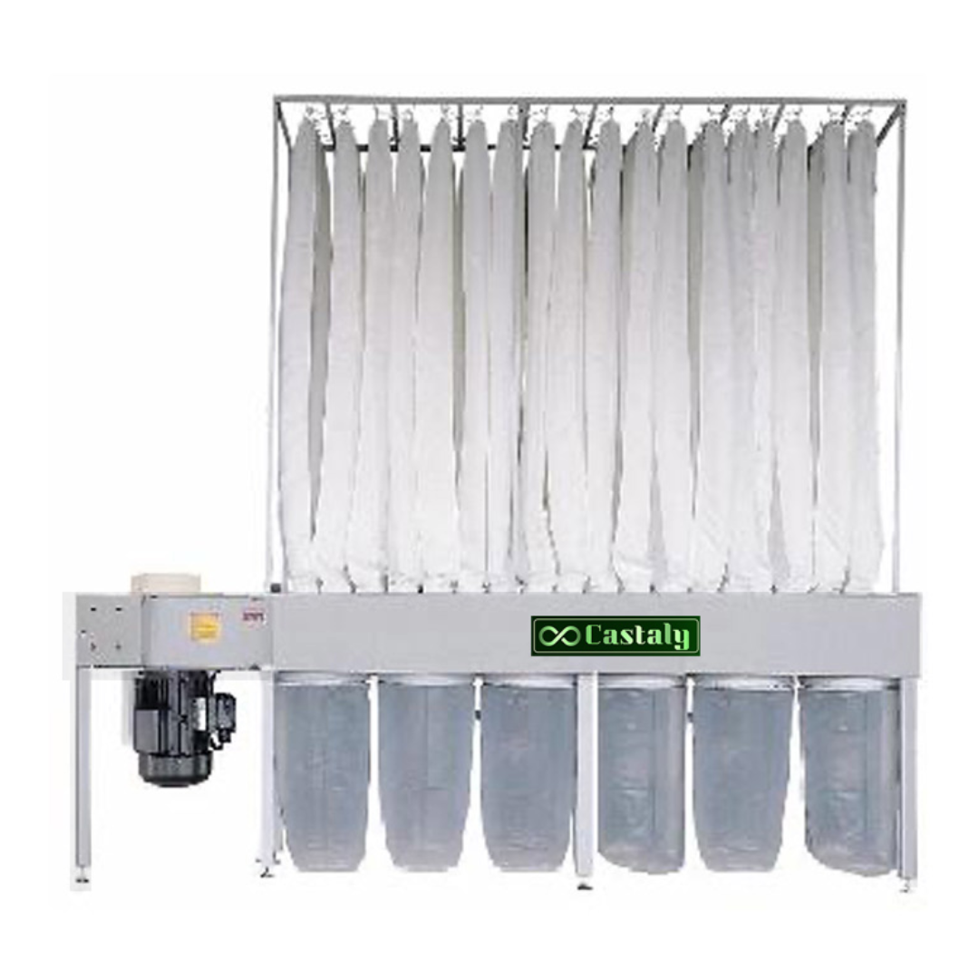 Side angle view of Castaly 20 HP DC-9200 Dust Collector with extended filter bag array and structural support frame for industrial workshop dust management.