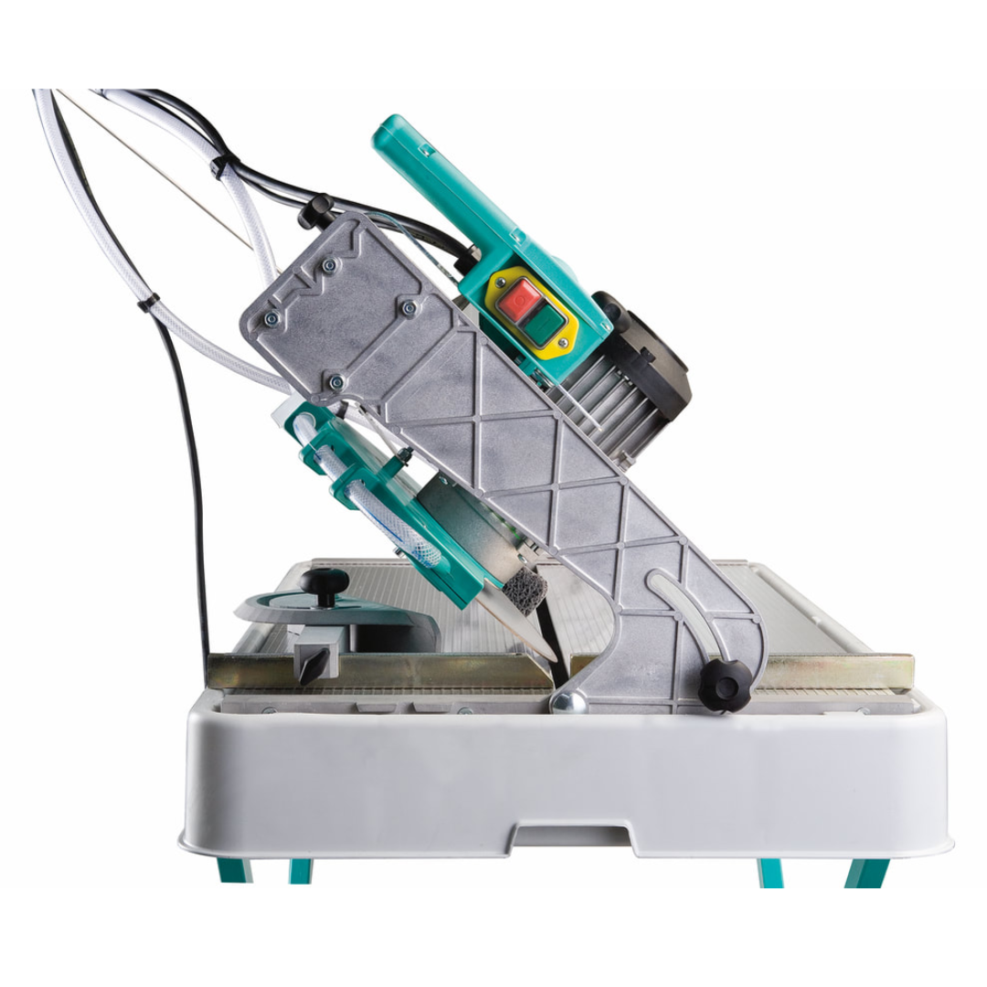 Side angle view of the IMER COMBICUT 250 overhead rail saw motor carriage and rail guide system designed for stable and precise tile cutting operations