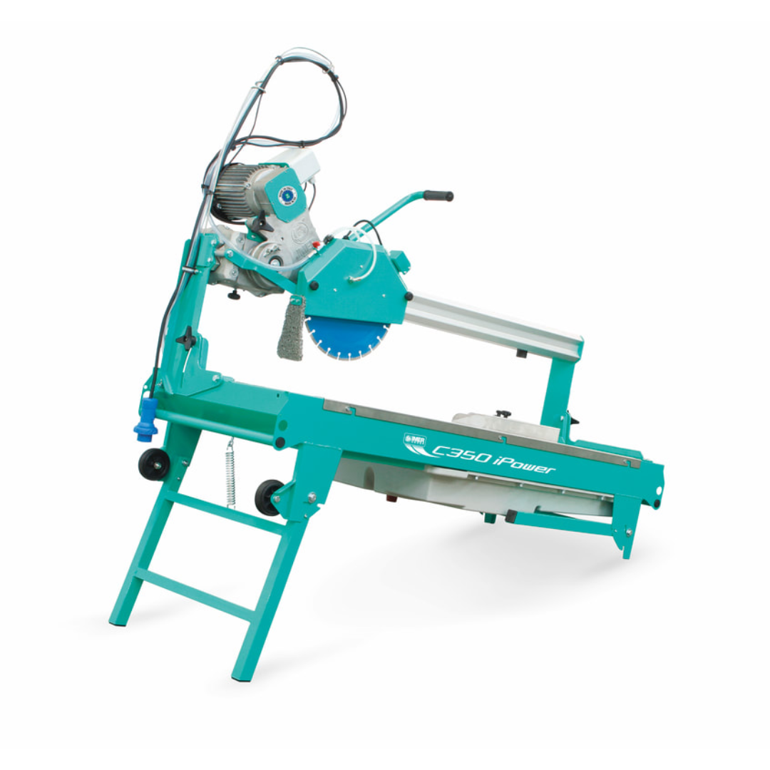 Side angle view of the IMER COMBICUT 350 iPOWER overhead rail saw with integrated stand and overhead motor assembly for professional tile cutting applications