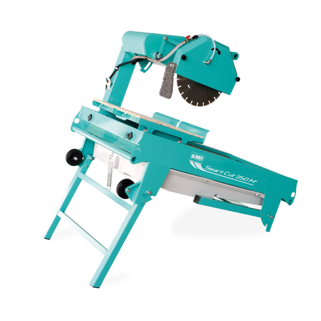 Side angle view of the IMER SMART CUT 350 masonry saw with integrated stand and cutting assembly designed for stable and accurate material cutting