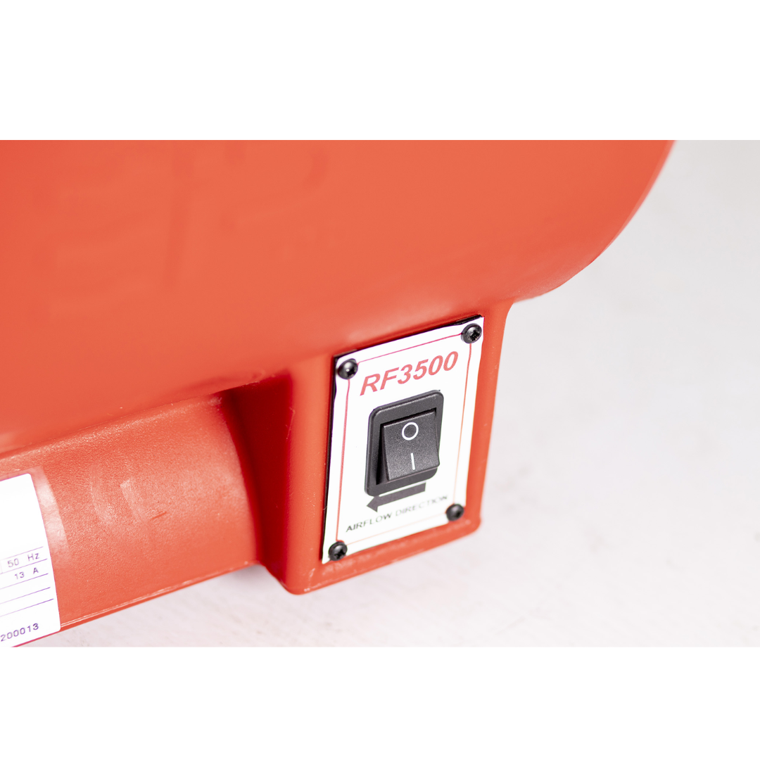 Side control panel and power connection on the Ebac RF3500 Ventilator 10965RD-US portable industrial ventilator designed for professional air circulation and drying applications