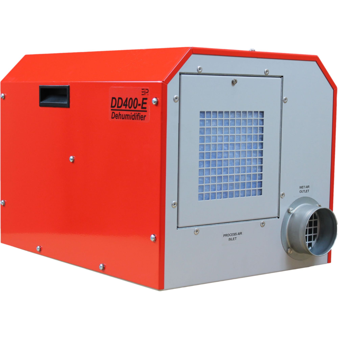 Side perspective of Ebac DD400-E Desiccant Dehumidifier 10500GR-US showing rugged industrial housing, duct connection port, and compact desiccant drying system design