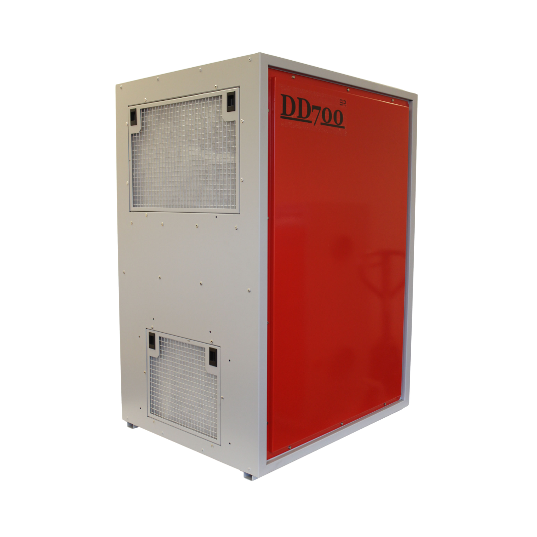 Side perspective of Ebac DD700 Desiccant Dehumidifier showing rugged industrial housing and compact installation-friendly design