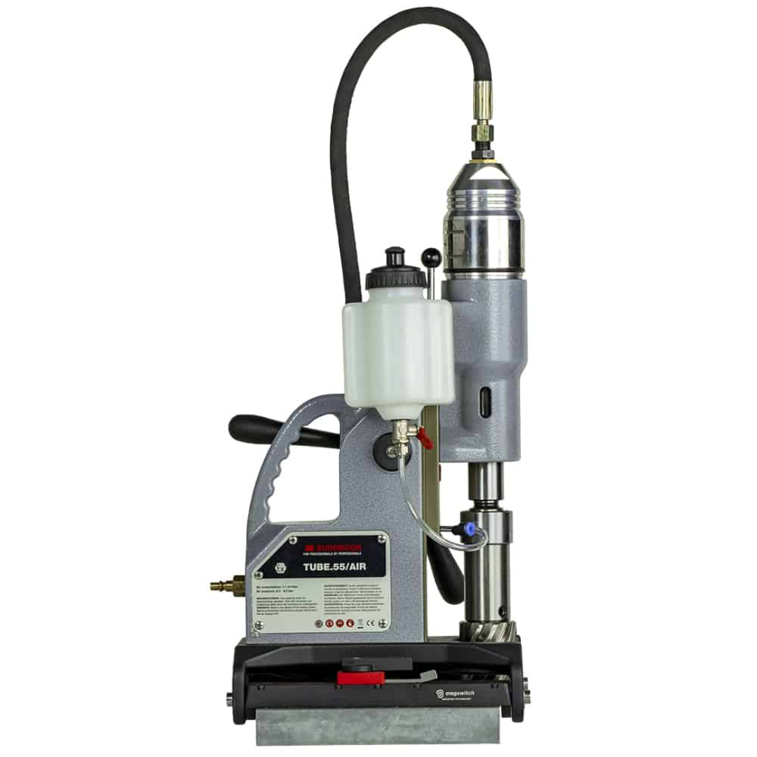 Side profile of Euroboor TUBE.55/AIR Pneumatic Magnetic Drilling Machine showing robust frame, pneumatic motor housing, and precision drilling system