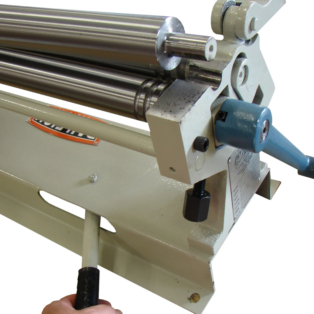 Side profile of the Baileigh Manual Slip Roll Machine - (SR-2420M) 1007297 displaying the manual adjustment controls and durable roller support structure.