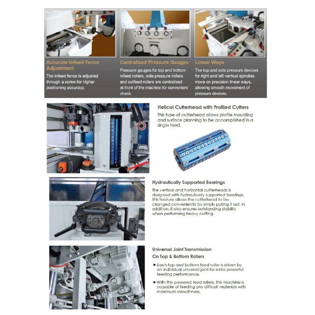 Side profile of the Castaly 19-5/8” x 6” Four Side Planer / Moulder WP-4S2C-500 displaying cutter head assemblies and heavy-duty cast iron frame

Cutter head configuration overview of the Castaly 19-5/8” x 6” Four Side Planer / Moulder WP-4S2C-500 showing precision multi-spindle layout