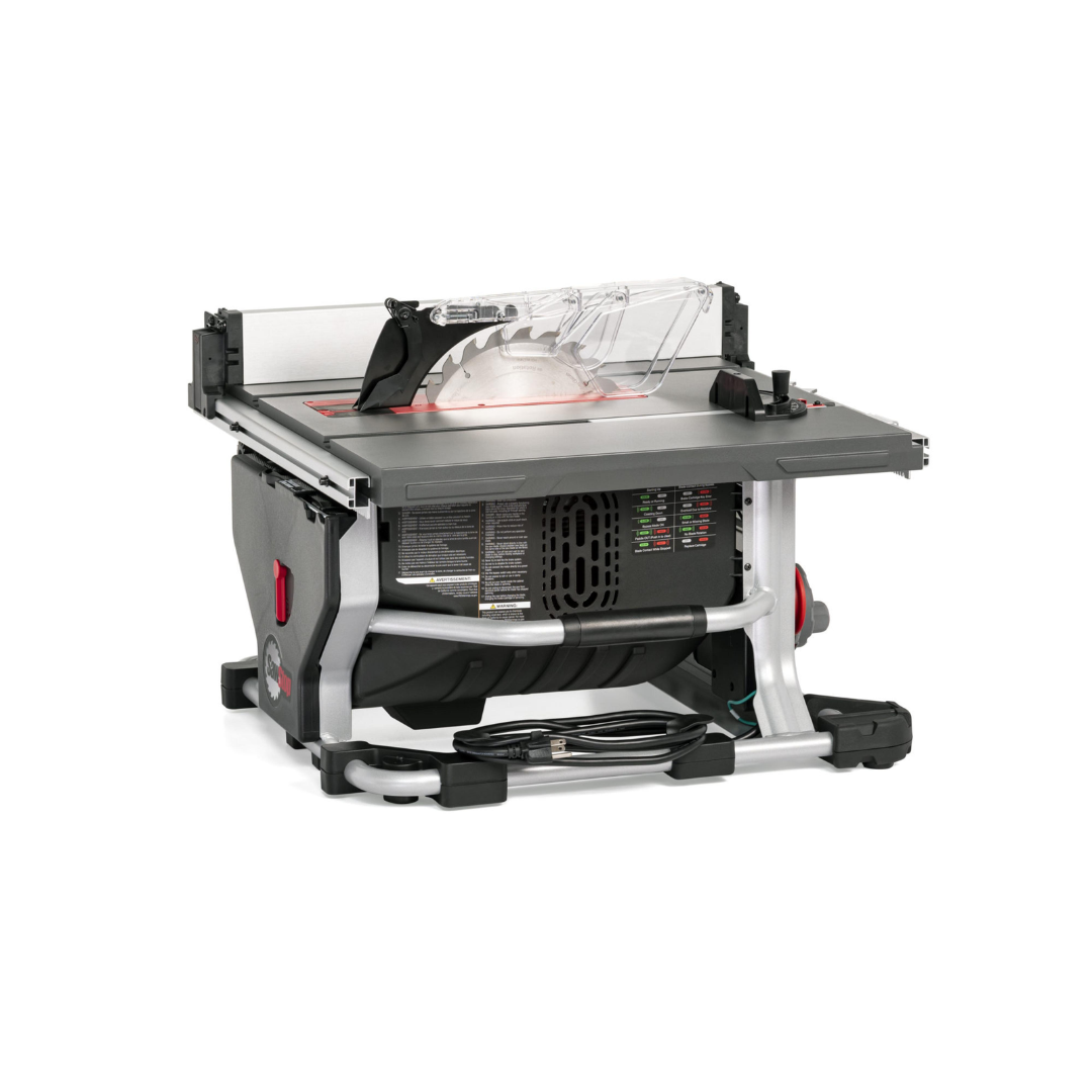 Side profile of the SawStop Compact Table Saw demonstrating durable construction, adjustable cutting settings, and portable design.
