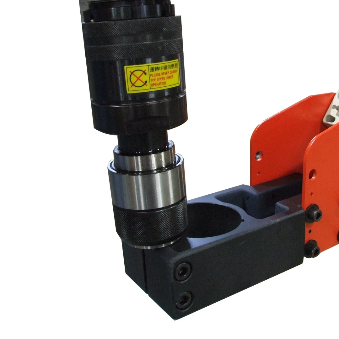 Side profile of the tapping motor and mounting system on the Baileigh ATM-27-1000 Pneumatic Tapping Arm 1000326 showing the compact industrial design and power unit configuration.