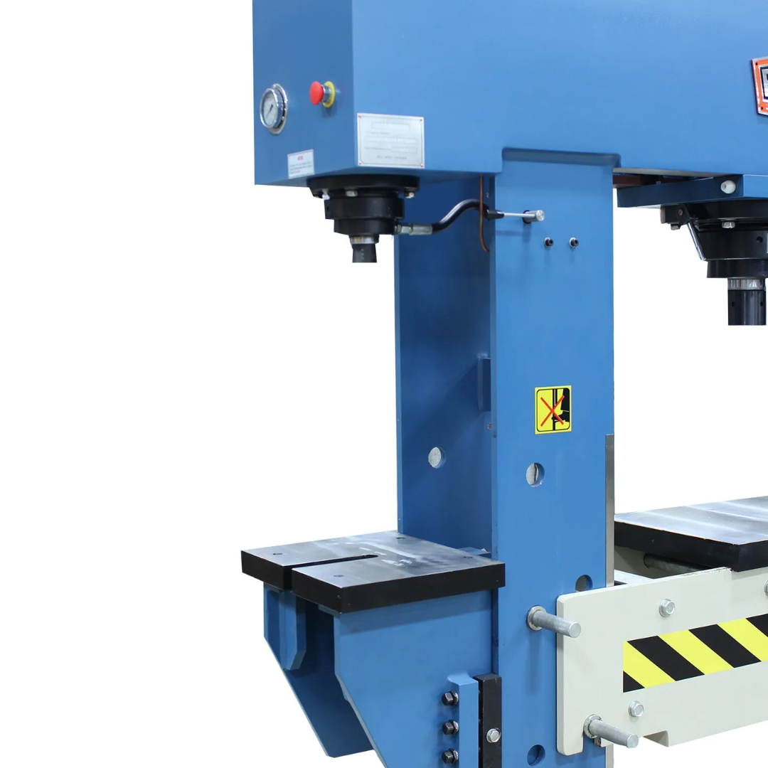 Side view of Baileigh Two Station Hydraulic Press HSP-200M-C 1019291 showing the dual-station work area, reinforced frame construction, and industrial hydraulic components.