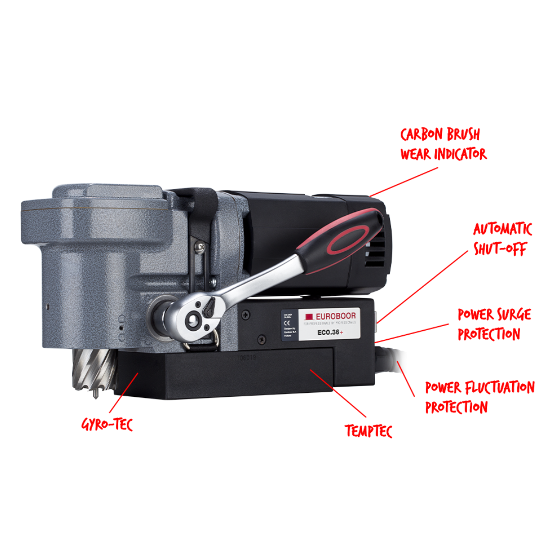 Side view of Euroboor ECO.36+ Magnetic Drilling Machine highlighting compact height, feed handle system, and durable magnetic mounting base.