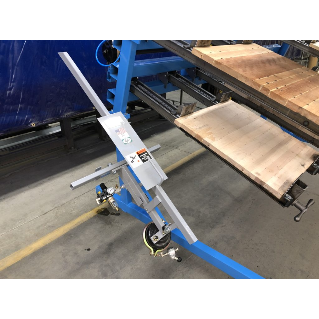 Side view of JLT #180A-M2 Pneumatic Panel Flattener showing adjustable arm and pneumatic cylinder assembly