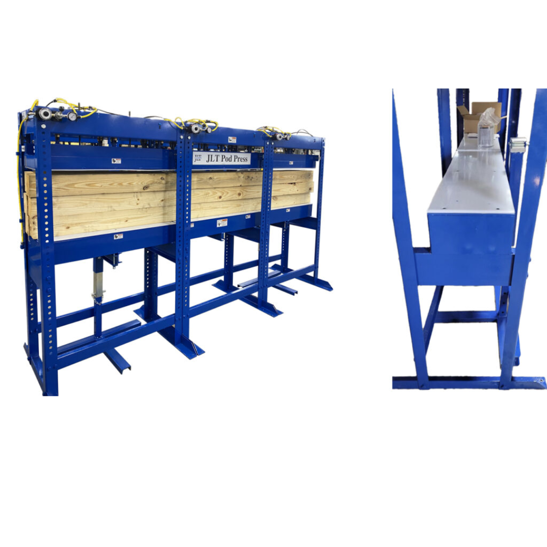 Side view of JLT #78H Mini Pod Press highlighting compact footprint and efficient shop integration
