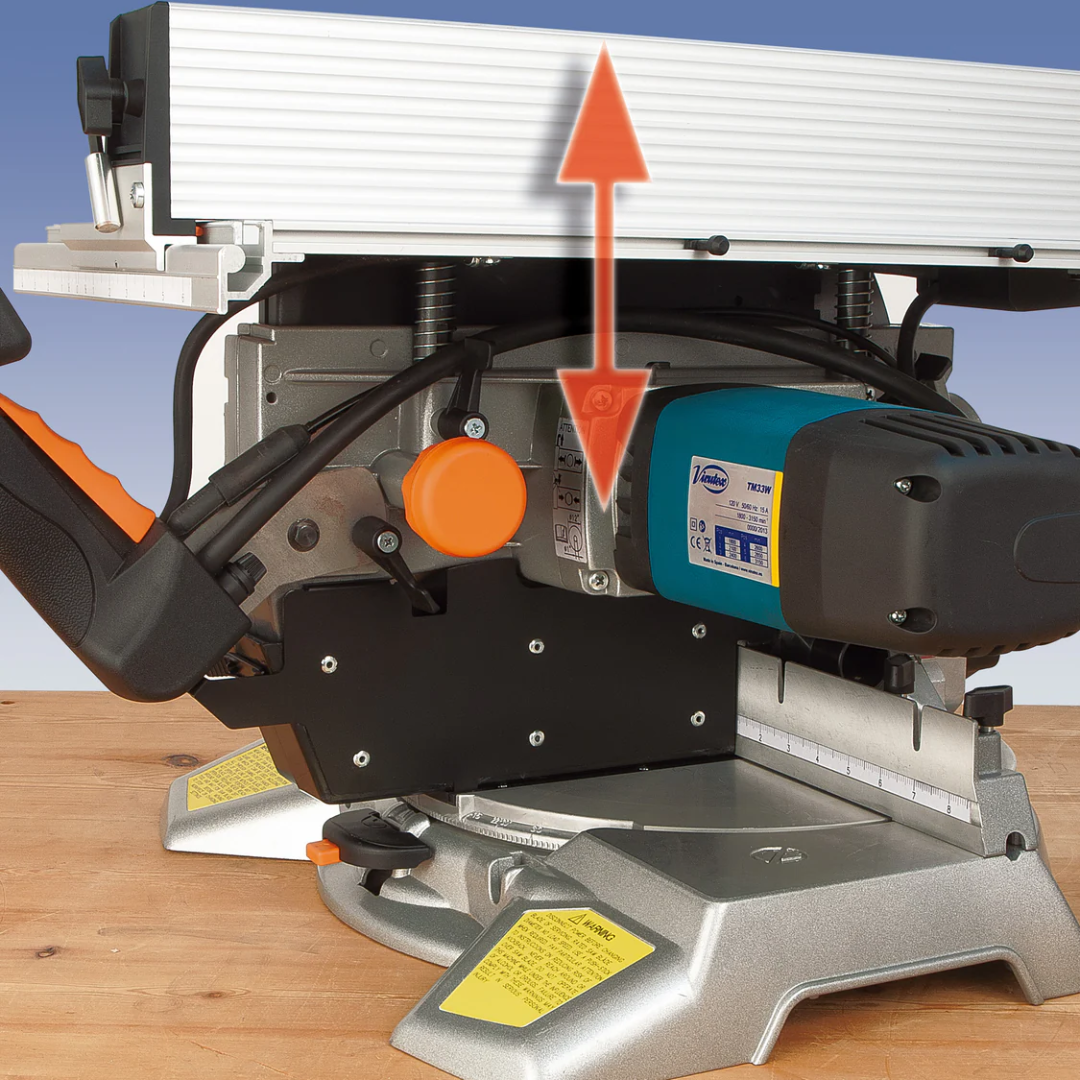 Side view of Virutex TM33W Miter Table Saw Combo For Precision Cuts (120V) illustrating motor housing and blade alignment system
