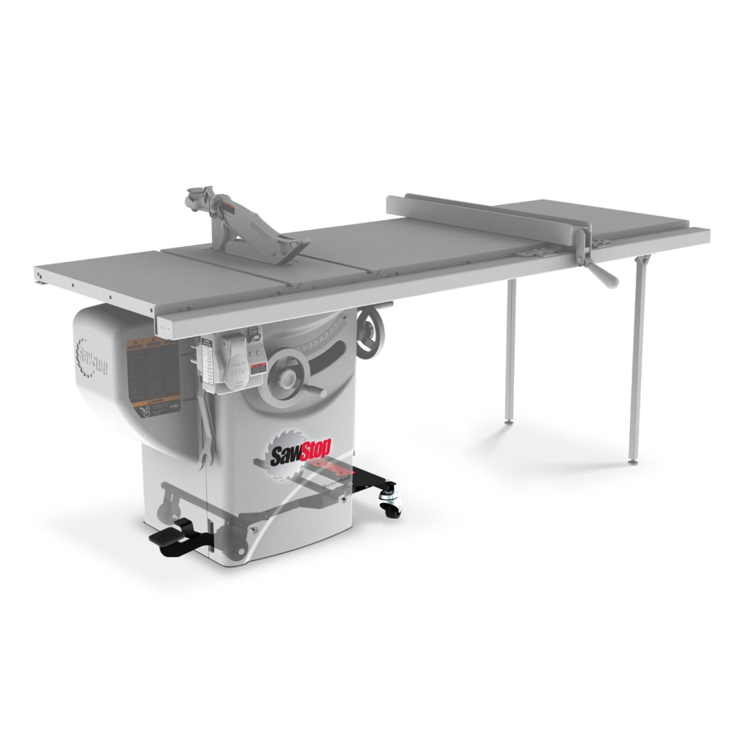 Side view of a SawStop Professional Cabinet Saw equipped with the SawStop Professional Integrated Mobile Base MB-PCS-000, showcasing stable support and easy maneuverability.