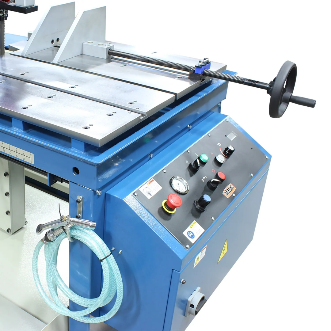 Side view of the Baileigh 18-Inch Vertical Tilt Frame Bandsaw, 220V 3Ph (BSVT-18P) 1226643 displaying the industrial frame, handwheel adjustments, and heavy-duty construction built for professional fabrication and production environments.