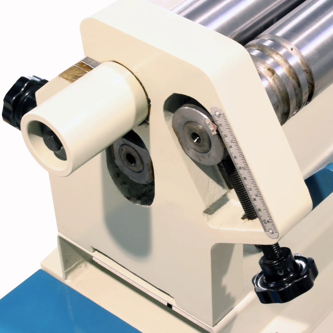 Side view of the Baileigh 50-Inch Electric Slip Roll, Open Stand (SR-5016E) 1007336 highlighting the adjustable roller mechanism for creating consistent curves, cones, and cylindrical metal parts.