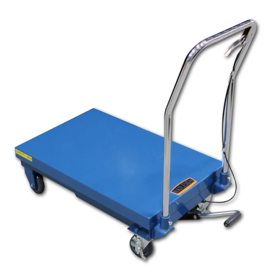 Side view of the Baileigh B-Cart Hydraulic Lift Cart 1000578 showing the ergonomic push handle and compact platform designed for transporting and positioning materials safely.