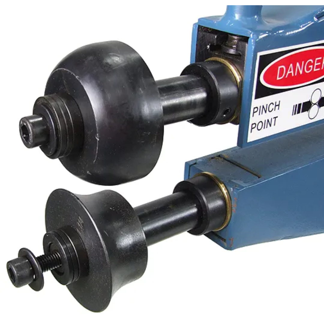 Side view of the Baileigh Bead Roller BR-18M-24 1000935 showing the deep 24-inch throat depth, manual drive mechanism, and heavy-duty steel frame for fabricating large sheet metal components.