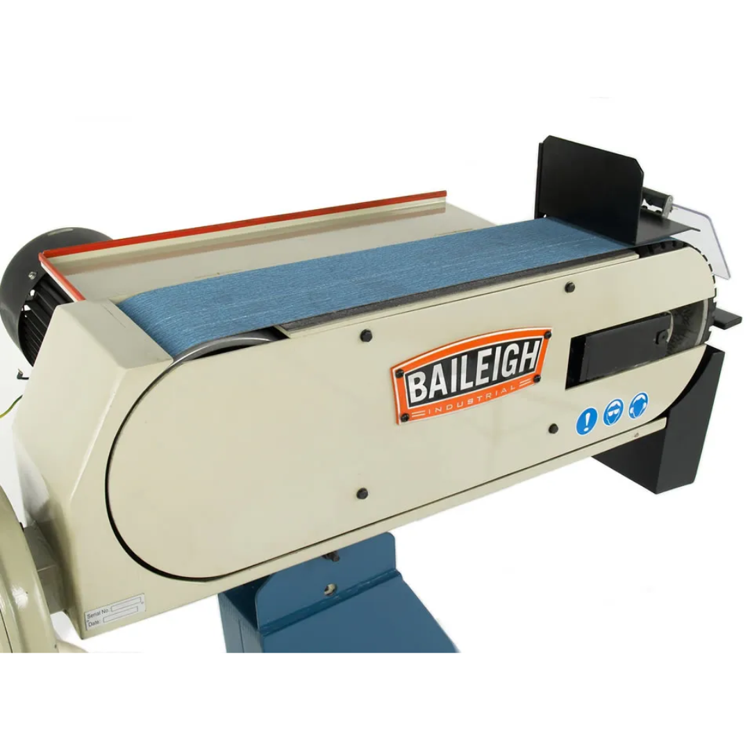 Side view of the Baileigh Belt Grinder BG-679 1000698 featuring the extended grinding surface, enclosed belt assembly, and professional-grade finishing capabilities.