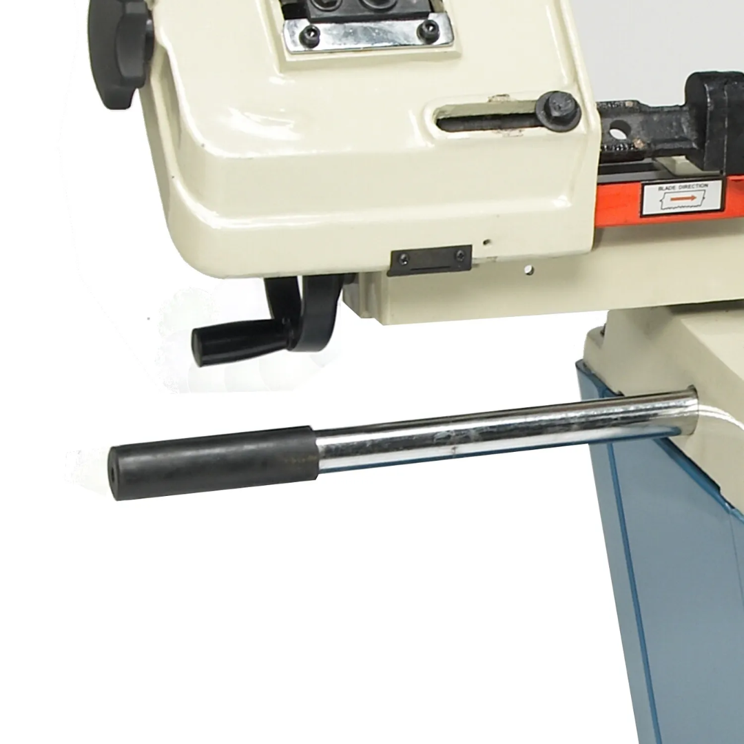 Side view of the Baileigh Portable Metal Cutting Band Saw - BS-128M 1001095 highlighting the cutting head, vise, and stand assembly.