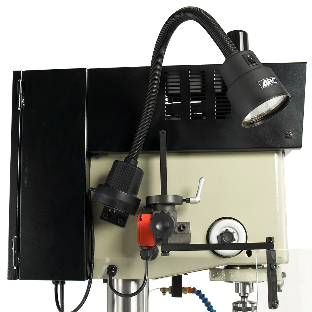 Side view of the drilling assembly on the Baileigh 16-Inch Variable-Speed Drill Press, 220V 1Ph (DP-1000VS) 1002862 illustrating spindle alignment and precision drilling capabilities.