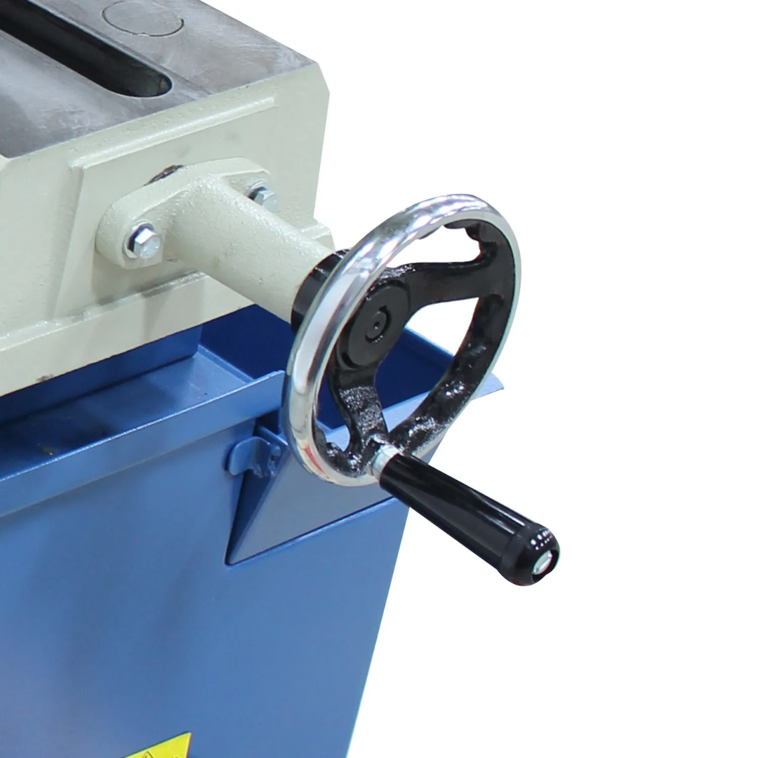 Side view of the handwheel adjustment system on the Baileigh Horizontal Band Saw - BS-916M 1001740 allowing precise setup and material positioning.