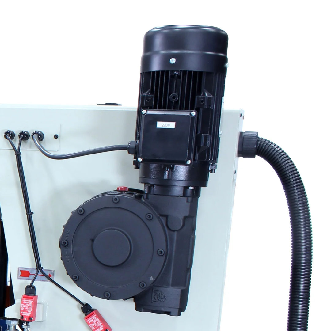 Side view of the hydraulic drive system on the Baileigh 13-Inch Dual-Mitering Semi-Automatic Bandsaw (BS-20SA-DM) 1001298 displaying the industrial motor, hydraulic components, and robust machine frame.