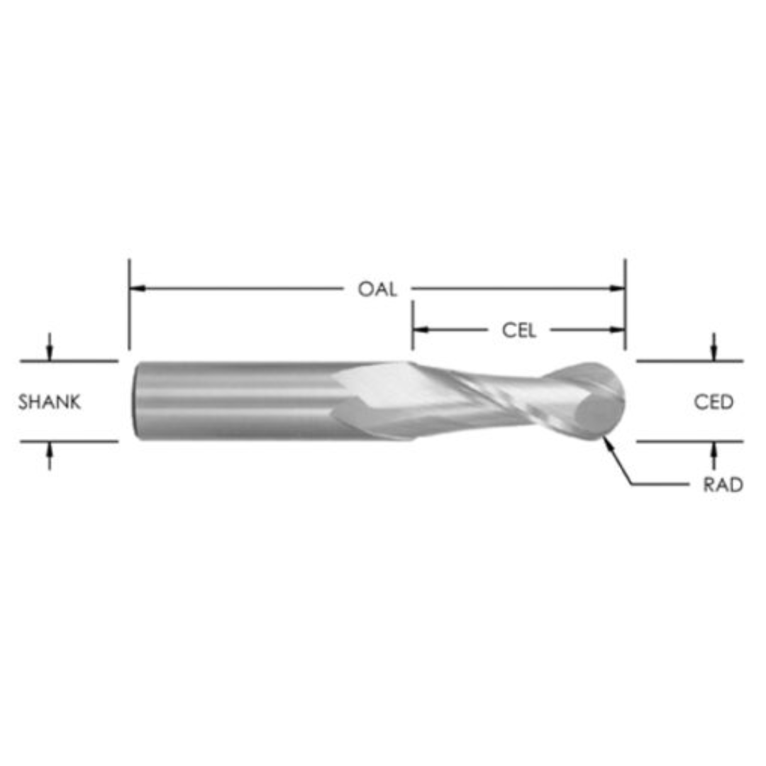 Southeast Tool 2 FLUTE UPCUT BALL NOSE” precision solid carbide spiral router bit with 2-flute upcut geometry and ball nose profile for smooth contouring, clean chip evacuation, and high-performance CNC machining applications.