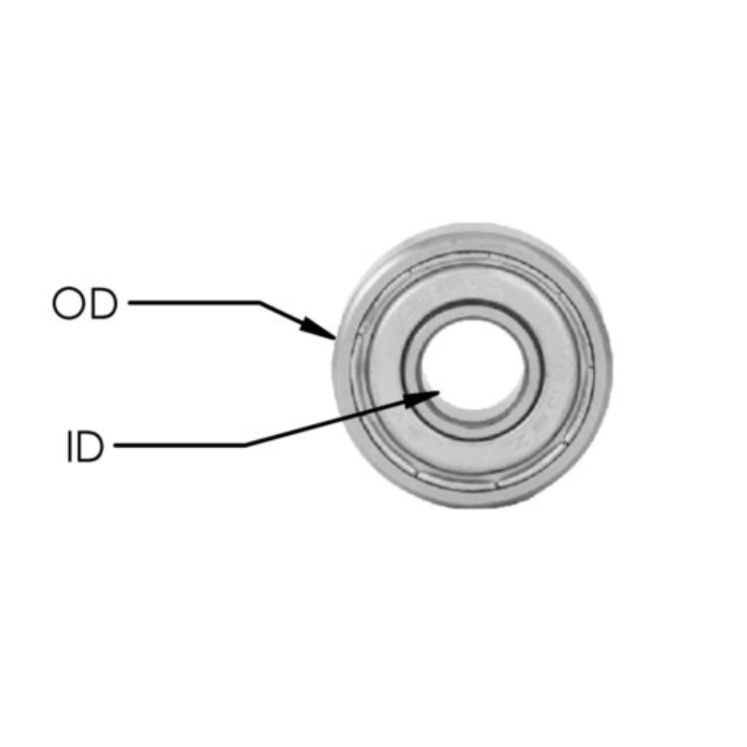 Southeast Tool BEARINGS precision ball bearing showing labeled inner diameter (ID) and outer diameter (OD) for industrial mechanical applications.
