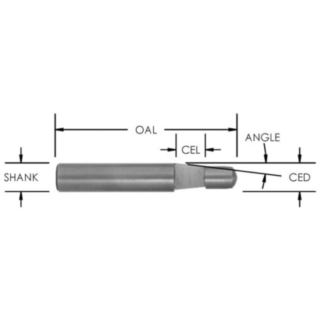Southeast Tool Bevel Trim Bits industrial router bit profile diagram showing shank diameter, overall length (OAL), cutting edge length (CEL), cutting edge diameter (CED), and bevel angle for precision trimming applications.