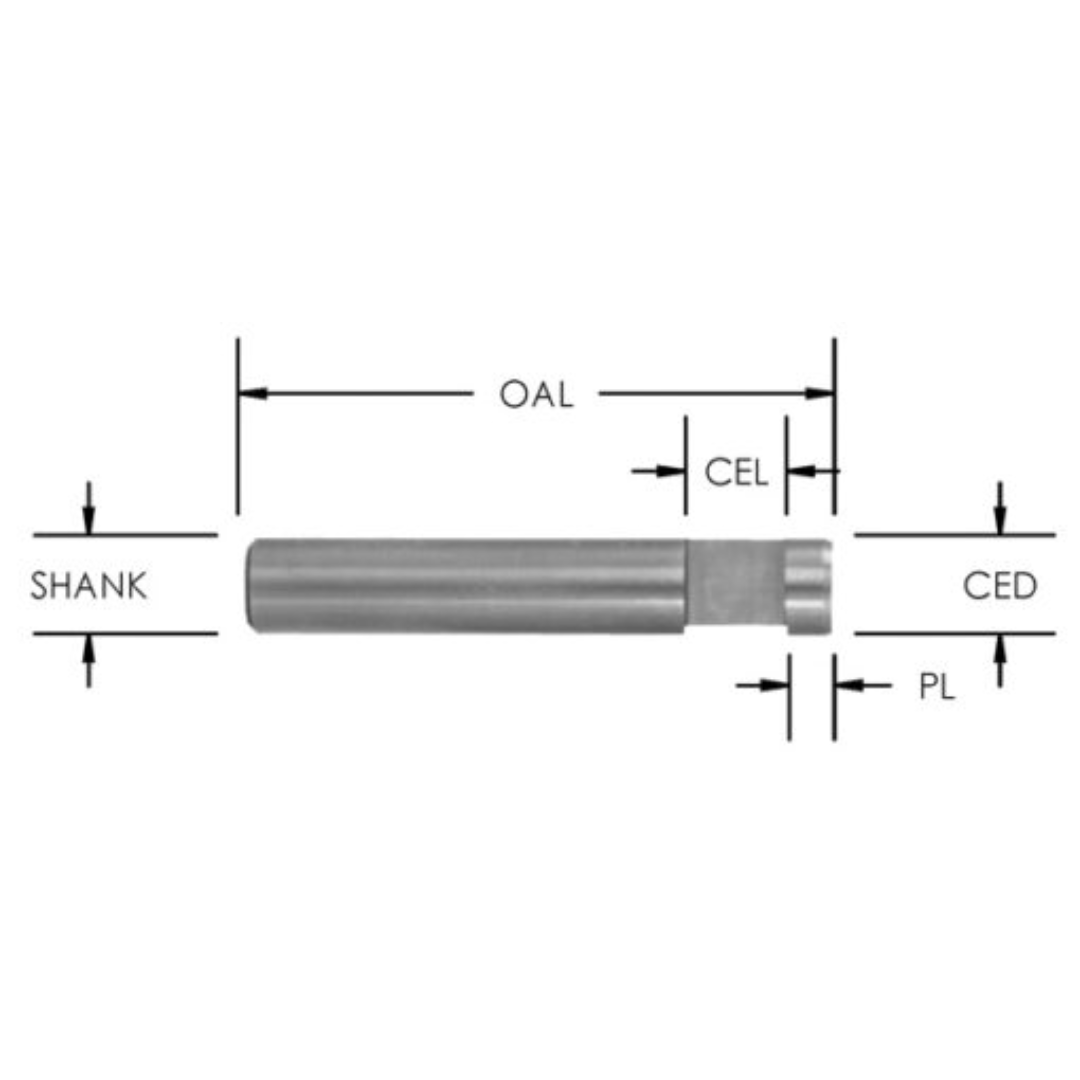 Southeast Tool Dado Trim Bits industrial router bit profile diagram showing shank diameter, overall length (OAL), cutting edge length (CEL), cutting edge diameter (CED), and pilot length (PL) for precision dado trimming and routing applications.