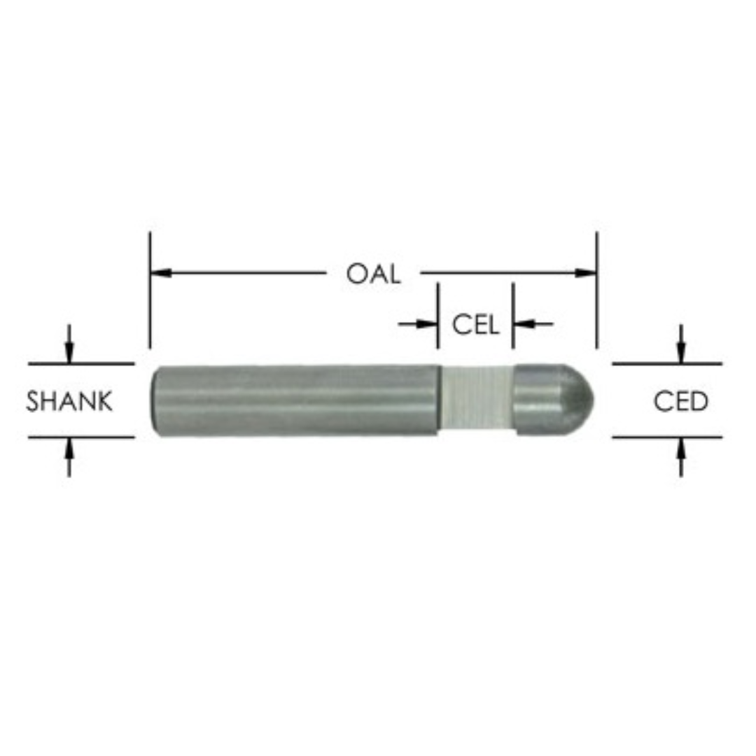 Southeast Tool Flush Trim Bits precision router bit profile diagram showing shank diameter, overall length (OAL), cutting edge length (CEL), and cutting edge diameter (CED) for industrial flush trimming and edge finishing applications.