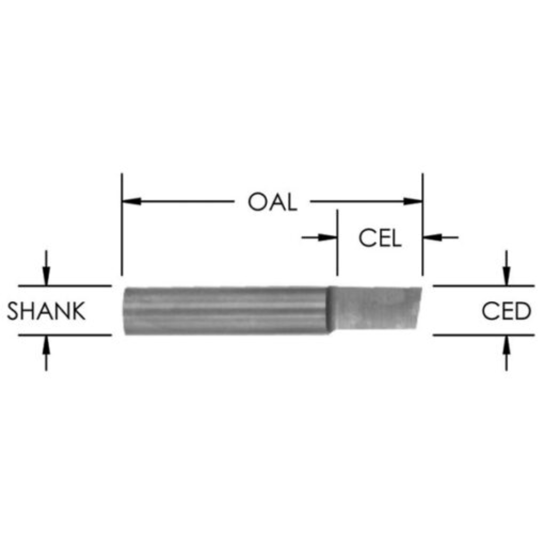 Southeast Tool RIP AND SLOTTING BITS SCRS250 precision router bit profile diagram showing shank diameter, overall length (OAL), cutting edge length (CEL), and cutting edge diameter (CED) for industrial ripping and slotting applications.
