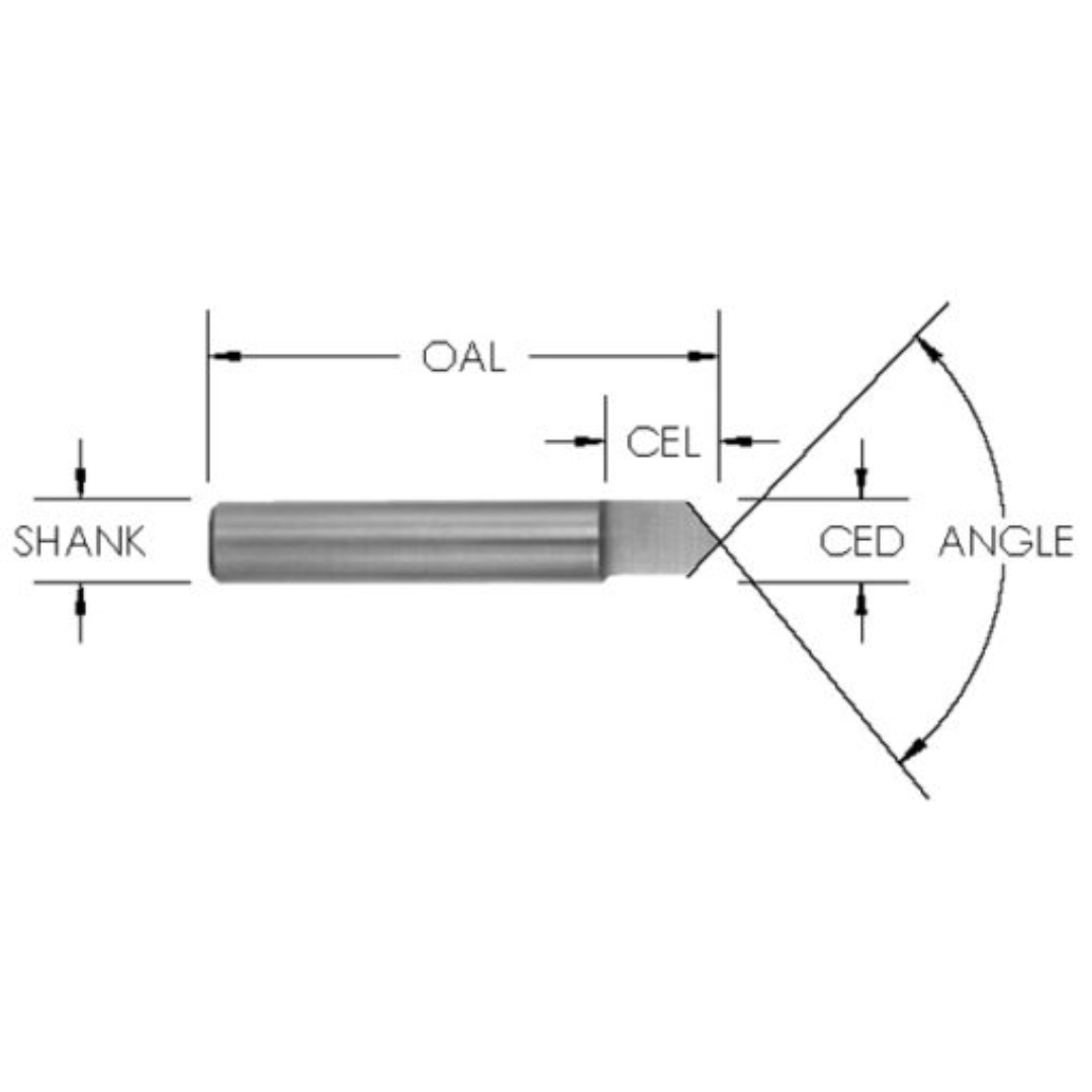 Southeast Tool V-GROOVING BITS precision router bit profile diagram showing shank diameter, overall length (OAL), cutting edge length (CEL), cutting edge diameter (CED), and V-groove cutting angle for decorative engraving and CNC routing applications.