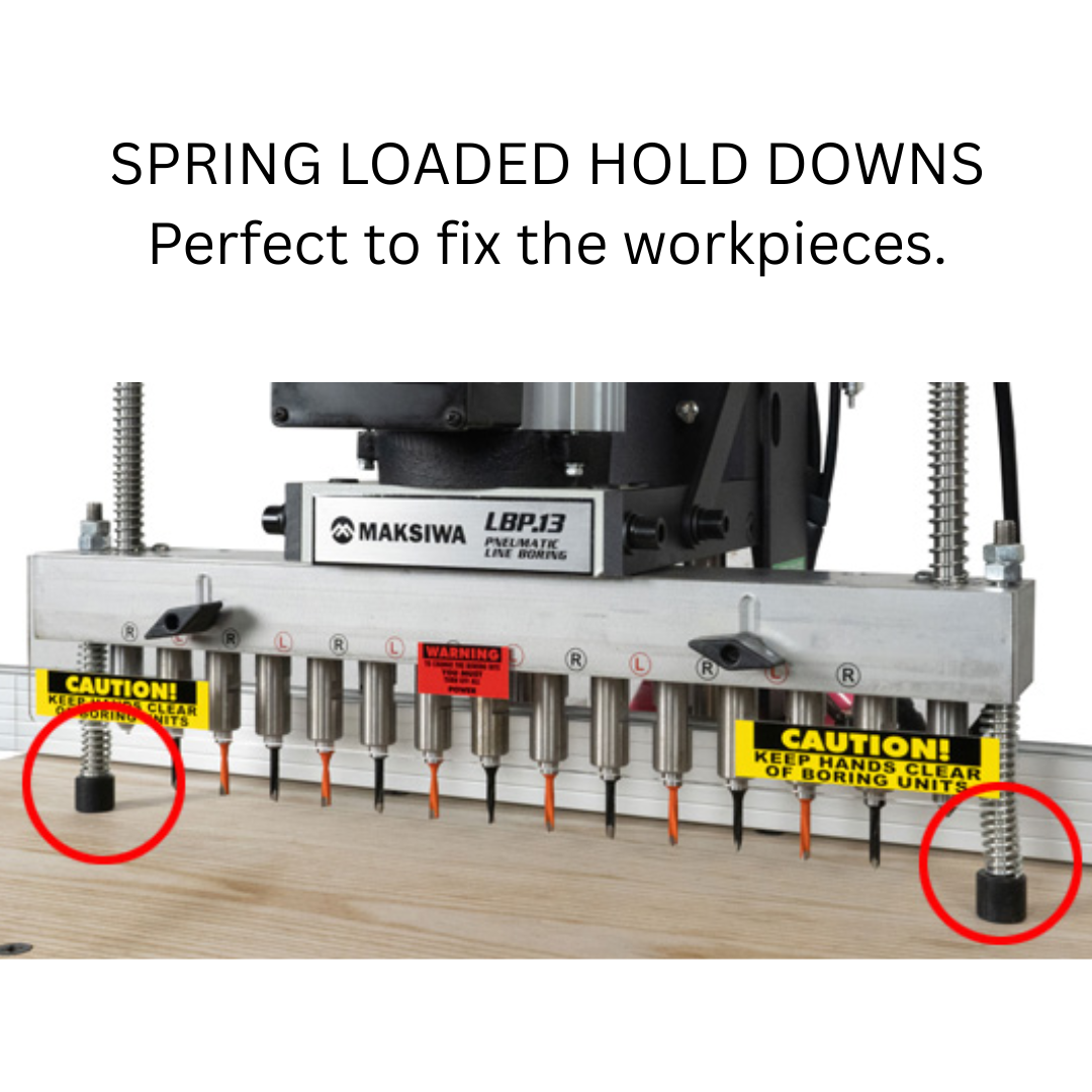 Spring-loaded hold-down system on Maksiwa LINE BORING PNEUMATIC 13 SPINDLE LINE 1 PH woodworking machine