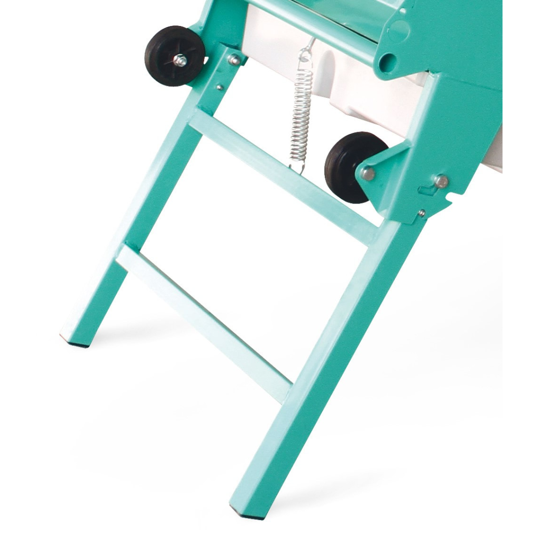 Support leg and wheel assembly of the IMER SMART CUT 350 masonry saw engineered for portability, durability, and jobsite mobility
