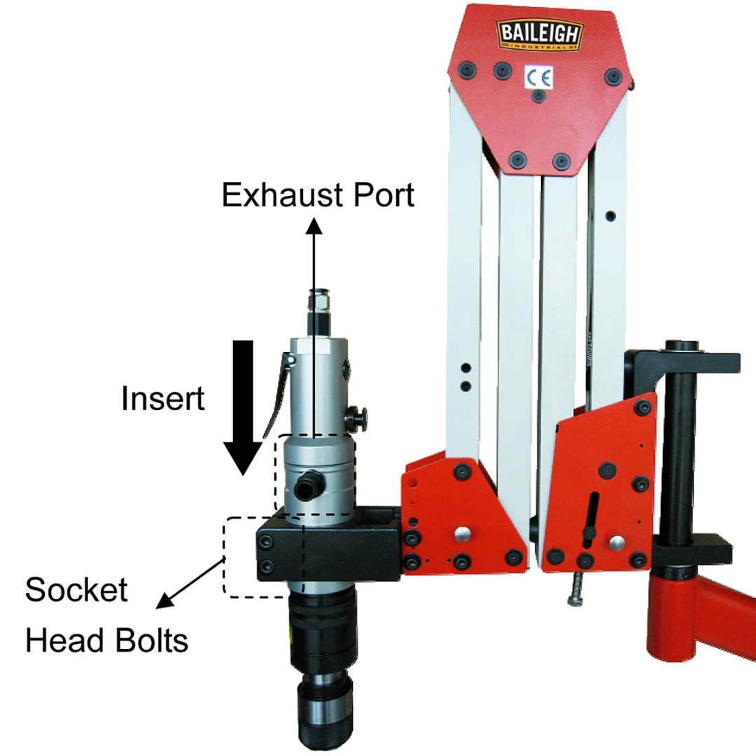System layout of the Baileigh Pneumatic Tapping Arm ATM-27-1900 1000327 highlighting the air-powered tapping unit, support column, and workstation mounting configuration.