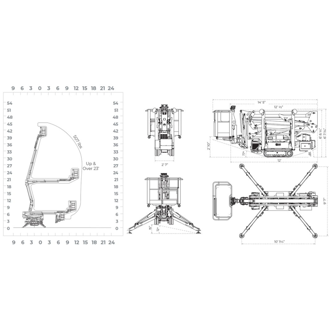 Technical dimension diagram of IMER IM R15 Telescopic Lift displaying working height, outreach dimensions, and compact spider lift specifications.