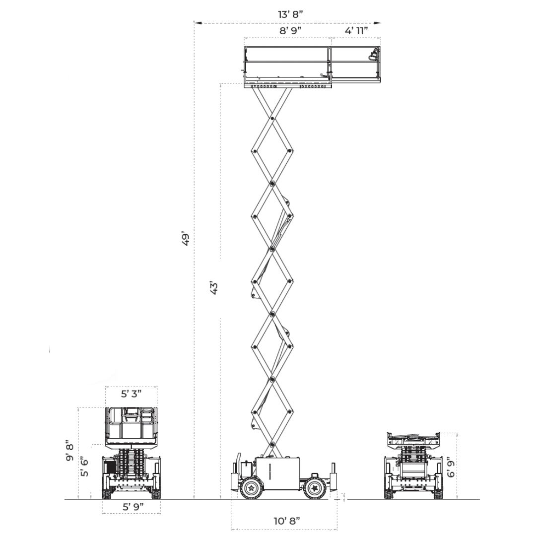 Technical dimension drawing of IMER IM 7043 DE ROUGH TERRAIN SCISSORS LIFTS displaying platform height, machine dimensions, and rough terrain lift specifications.