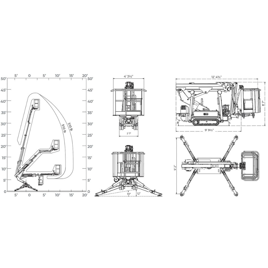 Technical dimension drawing of IMER IM R13 Articulated & Telescopic Lift displaying working height, outreach dimensions, and compact spider lift specifications.