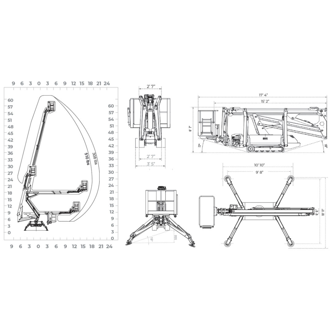 Technical dimension drawing of IMER IM R19 Articulated & Telescopic Lift displaying working height, outreach dimensions, and compact spider lift specifications.