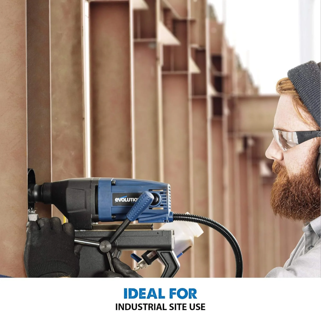 Technician using the Evolution Power Tools 12pc 2 in. Depth Annular HSS Mag Drill Cutter Set CC12SET-2 in a professional fabrication workshop.