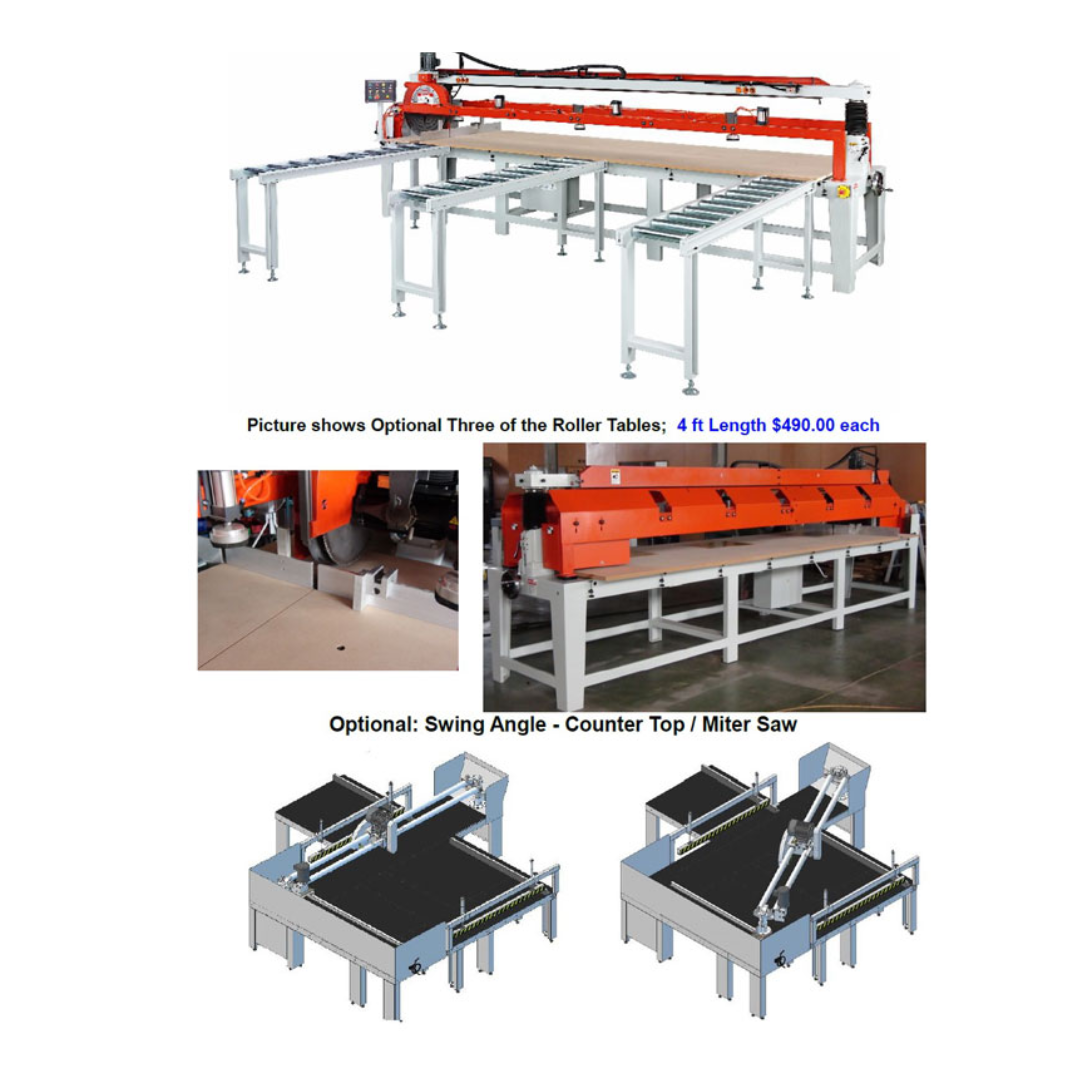 Tiltable 12' Automatic Panel Saw RS-DW3600 heavy-duty frame construction with ball-bearing head travel system

Tiltable 12' Automatic Panel Saw RS-DW3600 production configuration with support tables and roller conveyor options