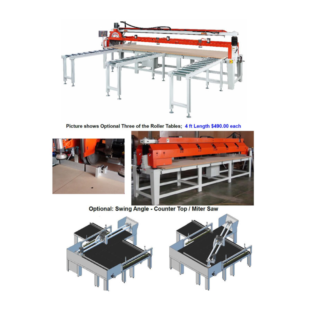 Tiltable 4' Automatic Panel Saw RS-DW1300 heavy-duty frame construction with motor and bearing-supported travel mechanism

Tiltable 4' Automatic Panel Saw RS-DW1300 production setup with extended support tables and material handling options