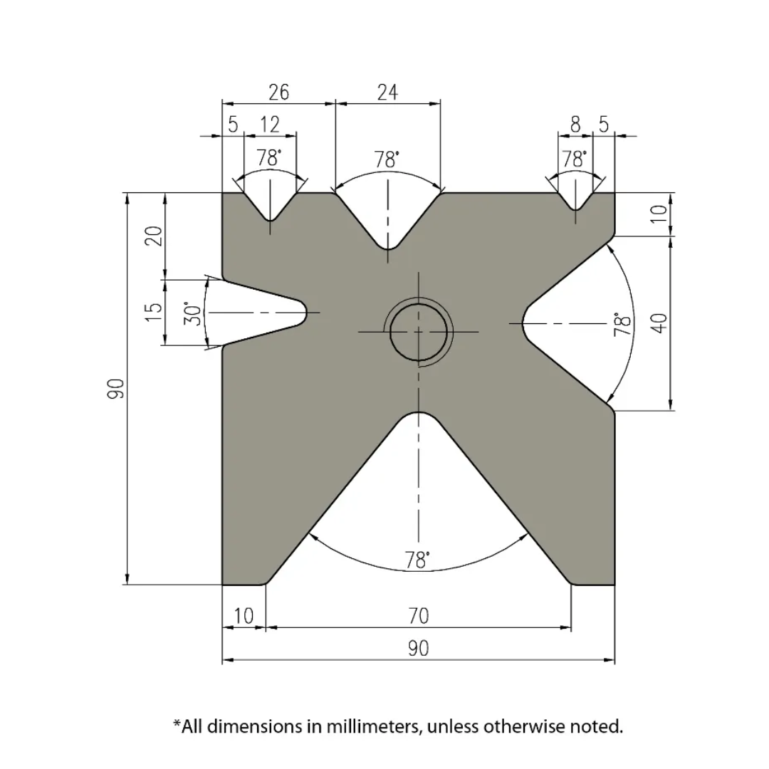 Tooling and bend geometry diagram for Baileigh 140-Ton Hydraulic Press Brake BP-14013CNC 1000787 illustrating press brake forming configurations, tooling applications, and bending capabilities.