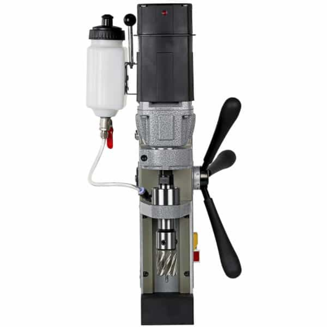 Top and rear perspective of Euroboor ECO.32+ Magnetic Drilling Machine with coolant system, motor assembly, and heavy-duty magnetic base.