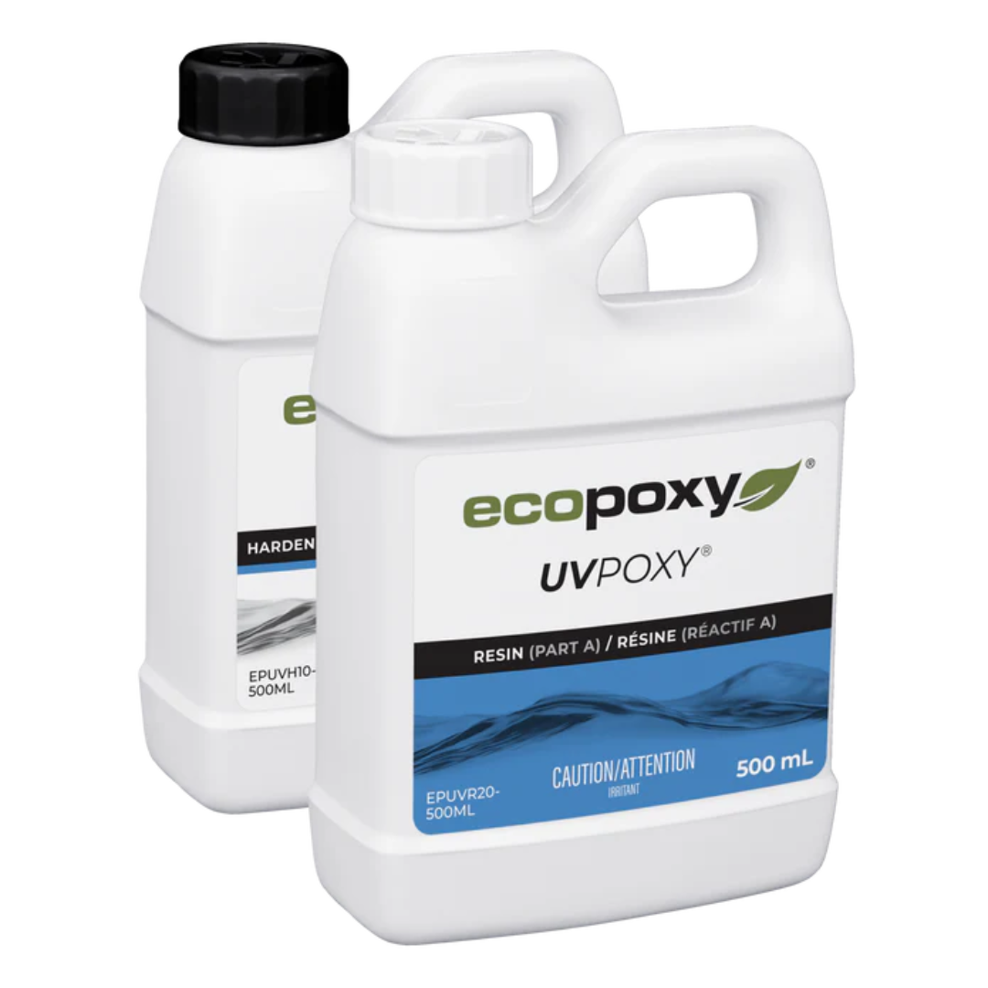 Two-bottle resin kit of Ecopoxy UVPoxy Epoxy Coating for Woodworkers & Artists for coating and finishing applications.