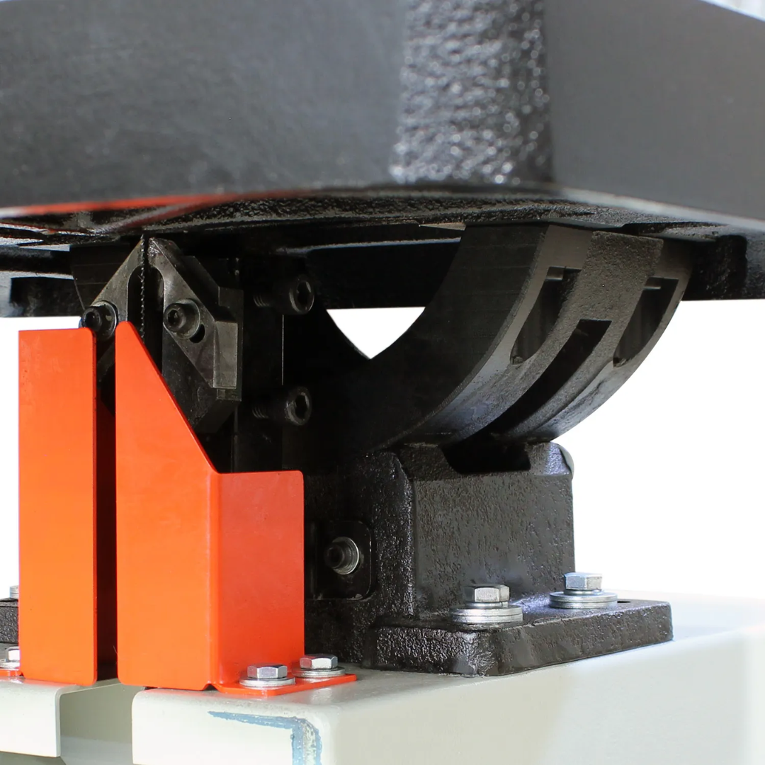 Underside view of the cast iron worktable on the Baileigh Vertical Bandsaw BSV-14VS-V2 1230388 showing the heavy-duty trunnion support and rugged construction engineered for stable, vibration-resistant cutting.