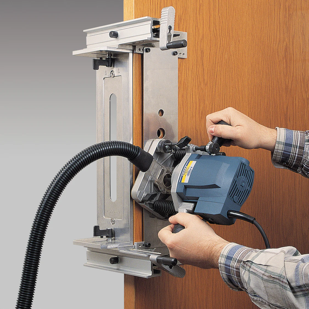 Using Virutex UC16K Lock Mortising Template Holder Accurate Mortises 1645347 with router for accurate lock mortising